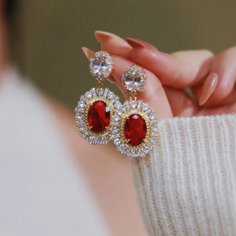 Plbaca Gold Plated Drop Earrings With Red Zircon And Crystal Rhinestone Bezel Setting For Women Party Classic Style