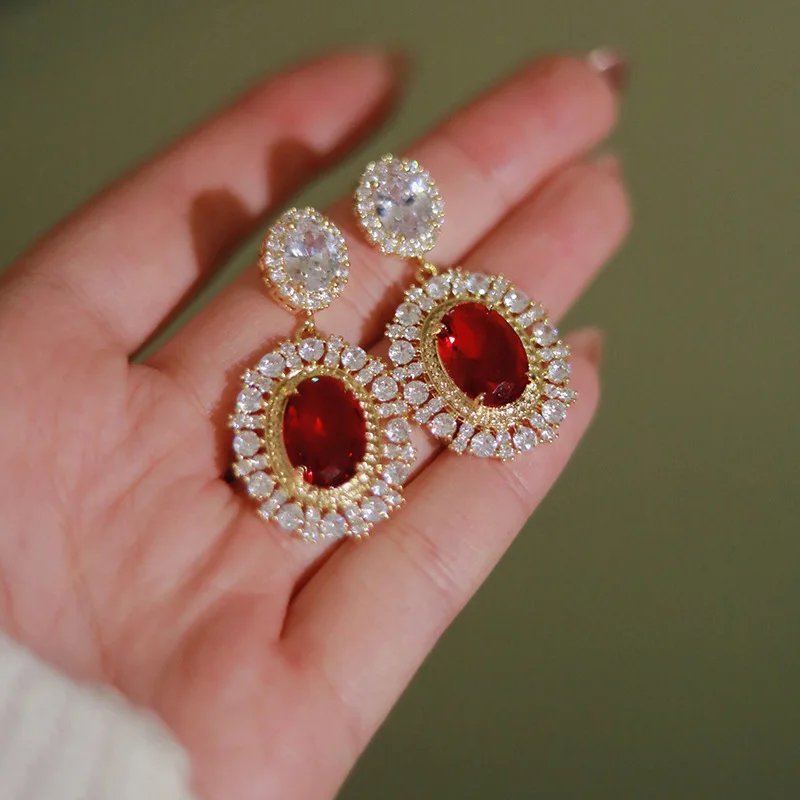 Plbaca Gold Plated Drop Earrings With Red Zircon And Crystal Rhinestone Bezel Setting For Women Party Classic Style