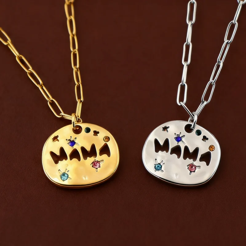 Mother's Day Thanksgiving Pendant Necklace Colorful Full Zircon Irregular Round Letter Mama Stainless Steel Paperclip Necklace