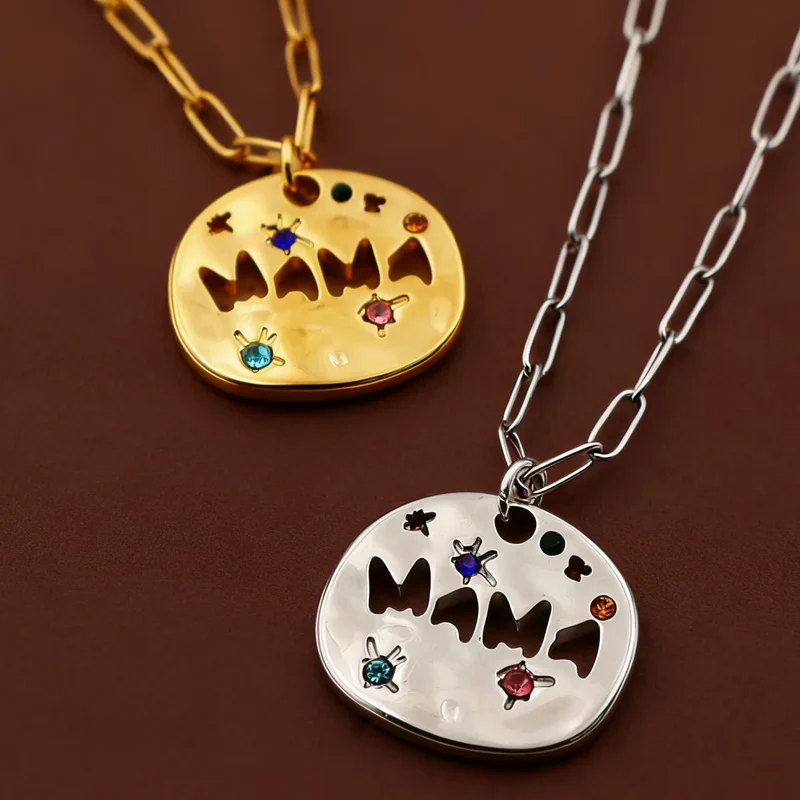 Mother's Day Thanksgiving Pendant Necklace Colorful Full Zircon Irregular Round Letter Mama Stainless Steel Paperclip Necklace