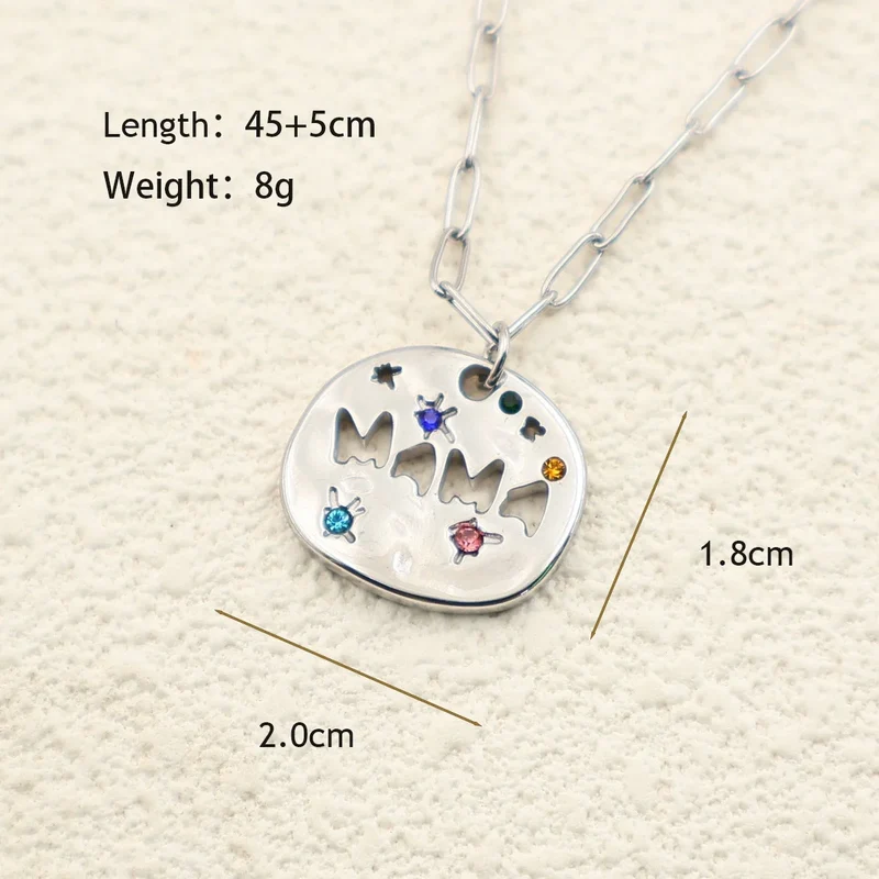 Mother's Day Thanksgiving Pendant Necklace Colorful Full Zircon Irregular Round Letter Mama Stainless Steel Paperclip Necklace