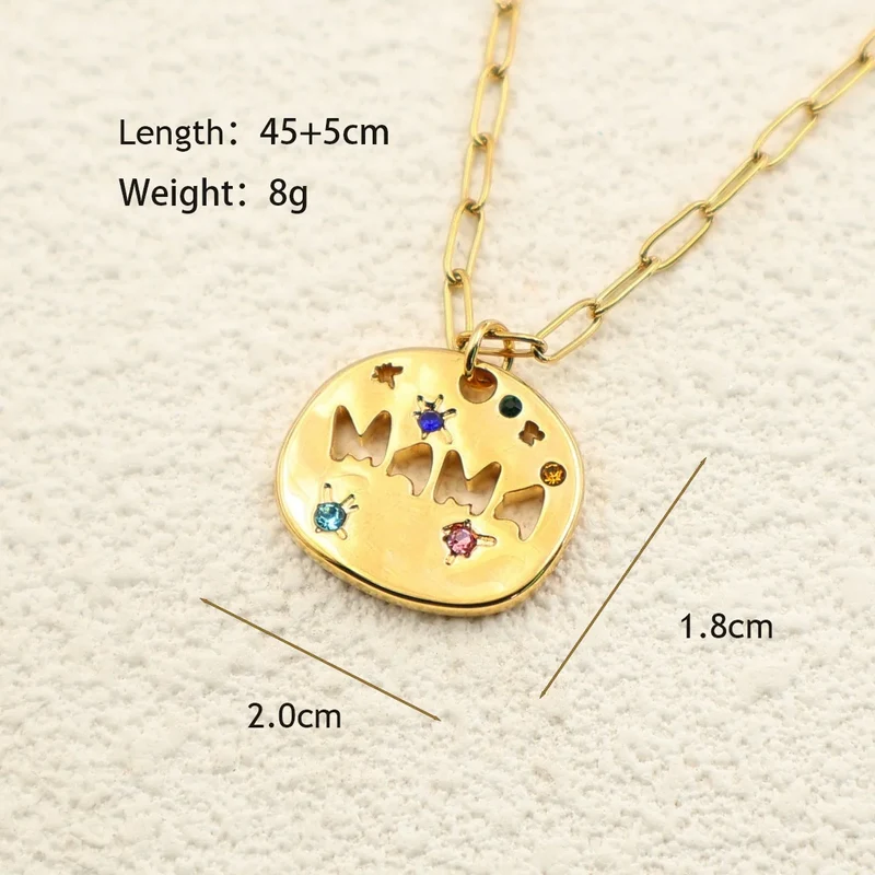 Mother's Day Thanksgiving Pendant Necklace Colorful Full Zircon Irregular Round Letter Mama Stainless Steel Paperclip Necklace