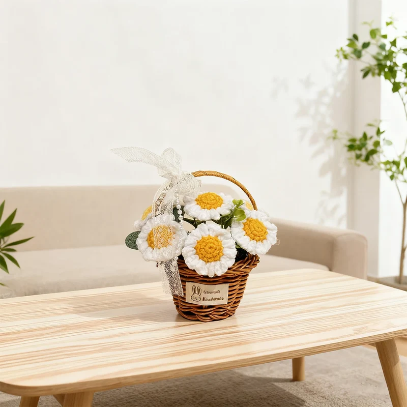 Handmade Crochet Flower Bouquet, Knitted White Daisy Flower for Mother's Day, Christmas, Thanksgiving & Home Decor