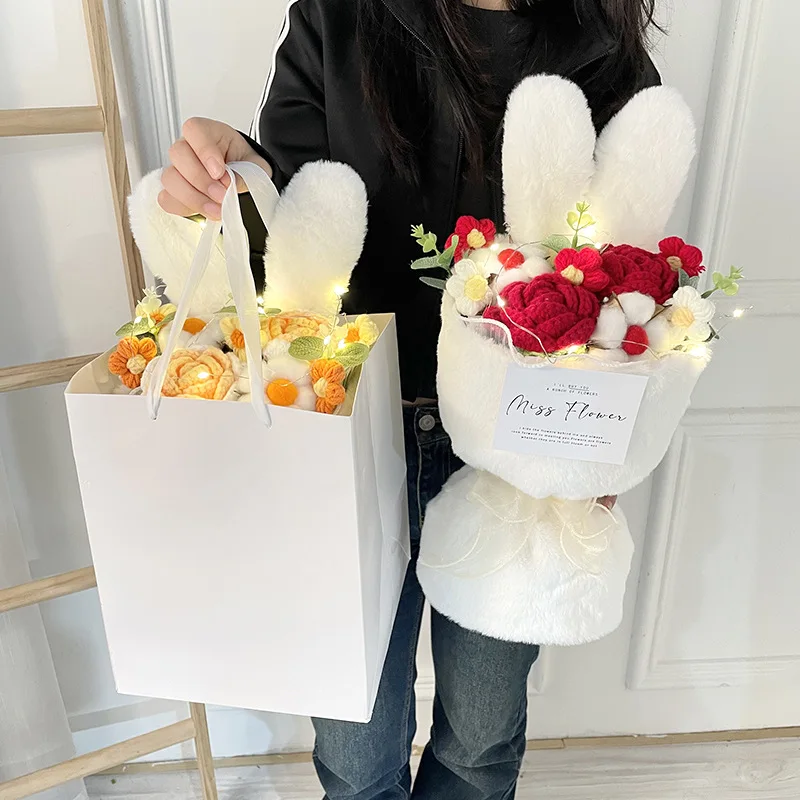 Rabbit Ears Crochet Flower Bouquet Handmade Completed Flower Bouquet with Gift Bag Creative Knit Rose Bouquet for Mother's Day