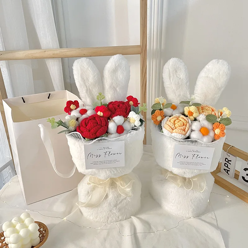 Rabbit Ears Crochet Flower Bouquet Handmade Completed Flower Bouquet with Gift Bag Creative Knit Rose Bouquet for Mother's Day