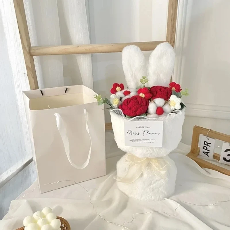 Rabbit Ears Crochet Flower Bouquet Handmade Completed Flower Bouquet with Gift Bag Creative Knit Rose Bouquet for Mother's Day