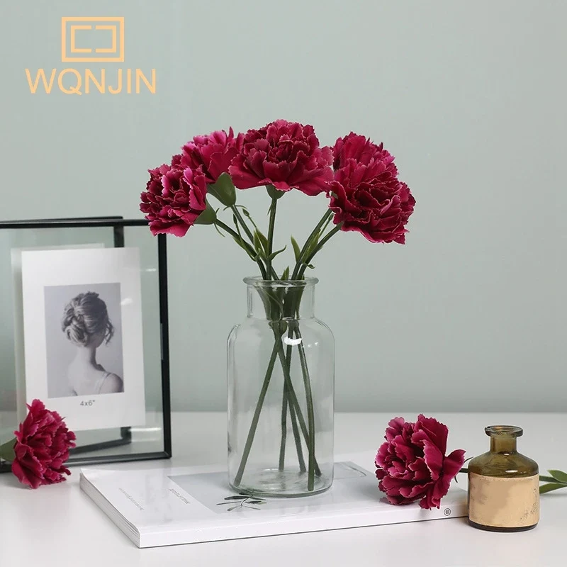 5PCS,Red Carnations Artificial Silk Flowers Bouquet Wedding Party Home Decorations Fake Flowers Photo Props Mother's Day Gift
