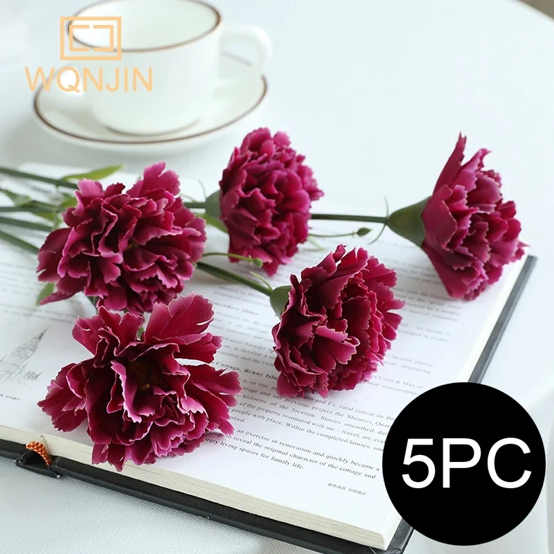 5PCS,Red Carnations Artificial Silk Flowers Bouquet Wedding Party Home Decorations Fake Flowers Photo Props Mother's Day Gift