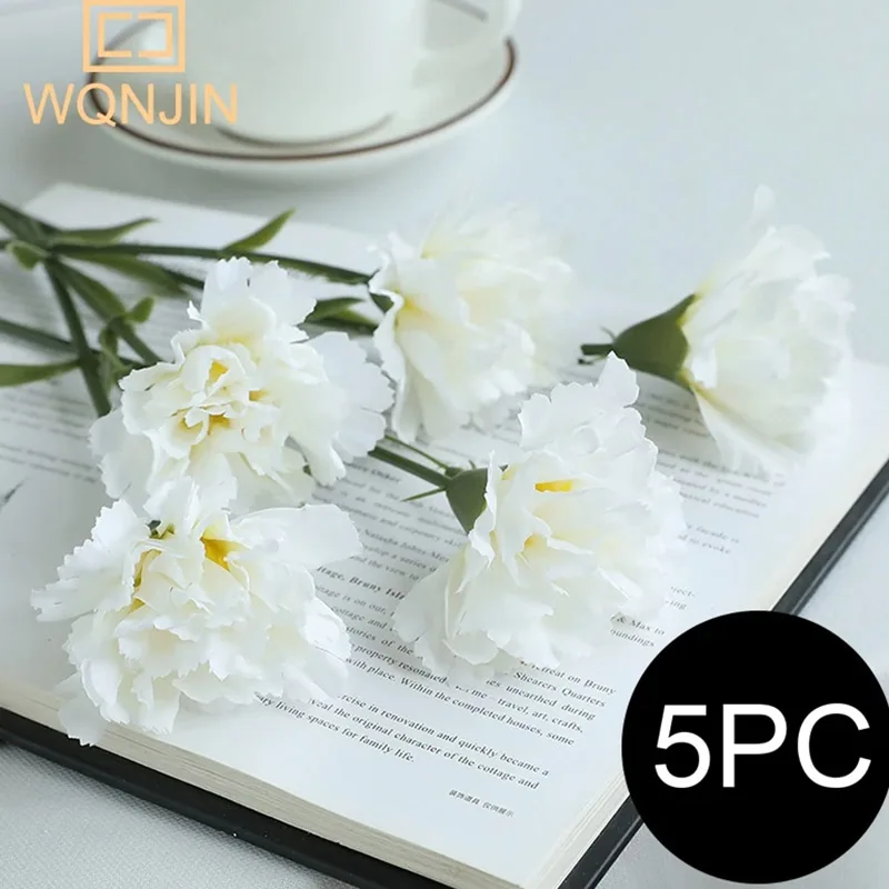 5PCS,Red Carnations Artificial Silk Flowers Bouquet Wedding Party Home Decorations Fake Flowers Photo Props Mother's Day Gift