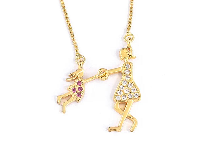 Nidin Exquisite Gold Plated Mom Daughter Necklace Girl Boy Pendant Chain Choker Cubic Zirconia Jewelry Mother's Day Gift