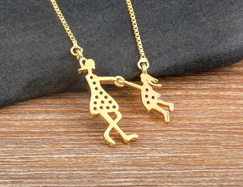 Nidin Exquisite Gold Plated Mom Daughter Necklace Girl Boy Pendant Chain Choker Cubic Zirconia Jewelry Mother's Day Gift