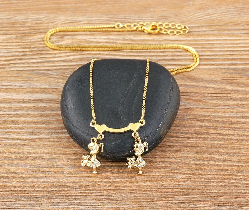 Nidin Exquisite Gold Plated Mom Daughter Necklace Girl Boy Pendant Chain Choker Cubic Zirconia Jewelry Mother's Day Gift