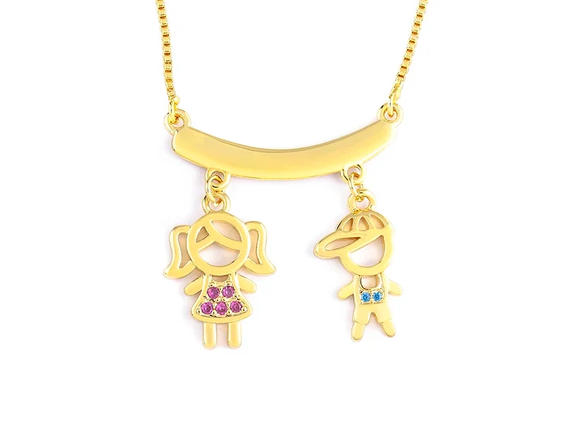 Nidin Exquisite Gold Plated Mom Daughter Necklace Girl Boy Pendant Chain Choker Cubic Zirconia Jewelry Mother's Day Gift