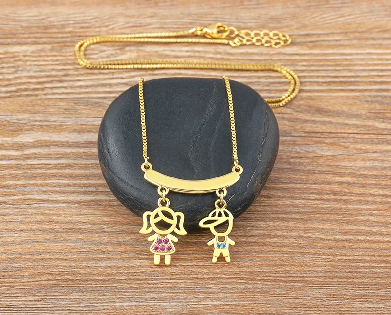 Nidin Exquisite Gold Plated Mom Daughter Necklace Girl Boy Pendant Chain Choker Cubic Zirconia Jewelry Mother's Day Gift