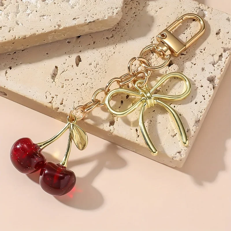 1pc Unisex Red Cherry Shaped Keychain With Fashionable Bow Pendant, Luxury Handbag Key Ring Accessory For Mother's Day Eid al Ad