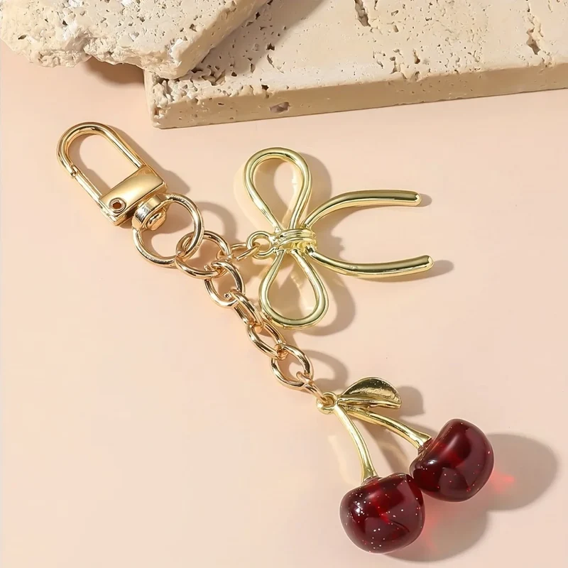 1pc Unisex Red Cherry Shaped Keychain With Fashionable Bow Pendant, Luxury Handbag Key Ring Accessory For Mother's Day Eid al Ad
