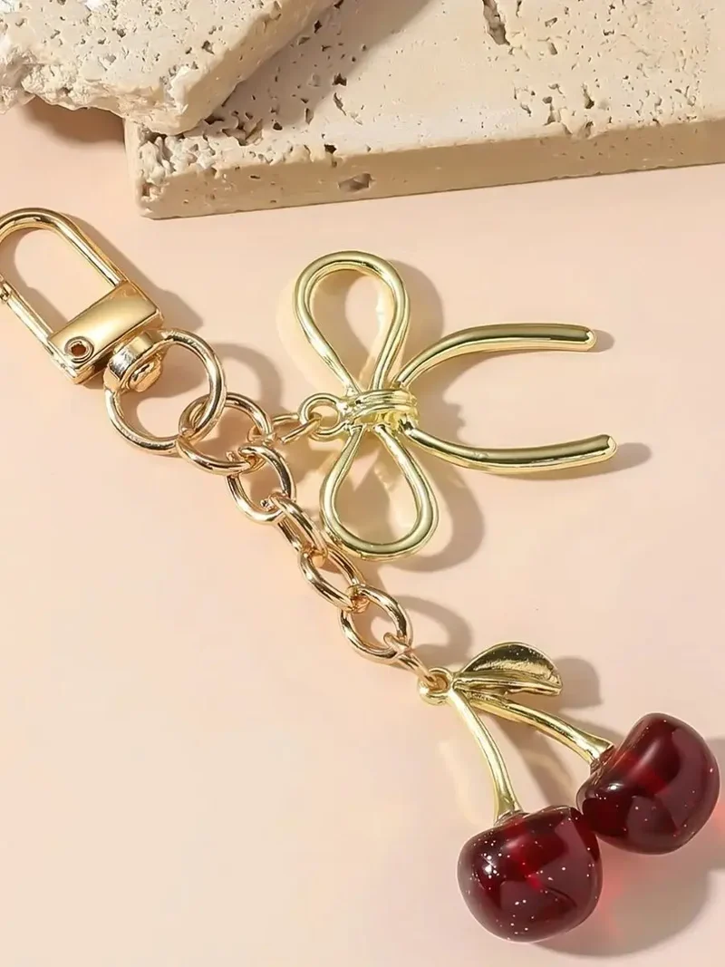 1pc Unisex Red Cherry Shaped Keychain With Fashionable Bow Pendant, Luxury Handbag Key Ring Accessory For Mother's Day Eid al Ad