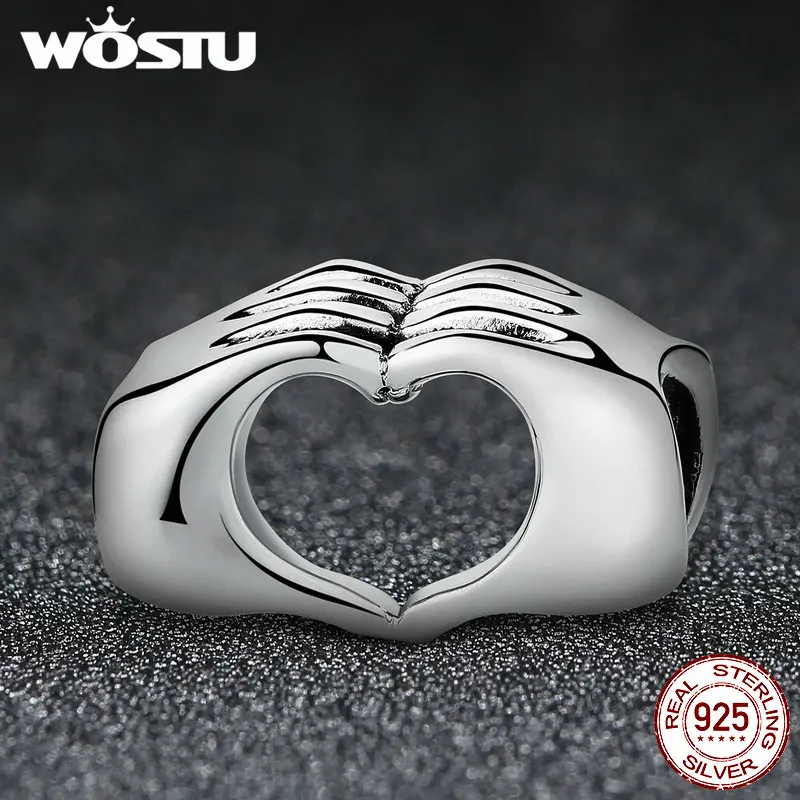 WOSTU Real 925 Sterling Silver Heart Pendents Gifts Charms Beads Fit Original DIY Bracelet Necklace Mother's Day Jewelry for Mom