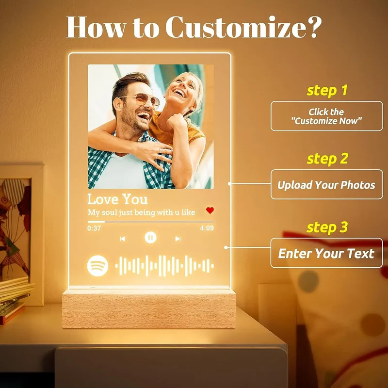 Personalized Anniversary Couples Mother's Day Gifts for Women Men 7 Colors Heart Picture Frame Acrylic Plaque with Night Light