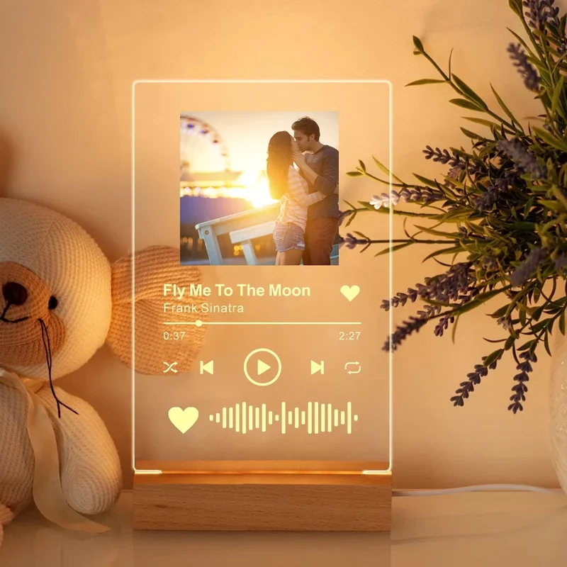 Personalized Anniversary Couples Mother's Day Gifts for Women Men 7 Colors Heart Picture Frame Acrylic Plaque with Night Light