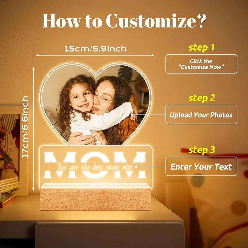 Personalized Anniversary Couples Mother's Day Gifts for Women Men 7 Colors Heart Picture Frame Acrylic Plaque with Night Light