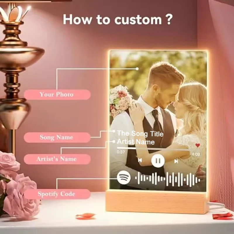 Personalized Anniversary Couples Mother's Day Gifts for Women Men 7 Colors Heart Picture Frame Acrylic Plaque with Night Light