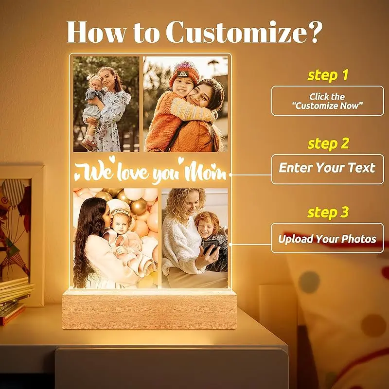 Personalized Anniversary Couples Mother's Day Gifts for Women Men 7 Colors Heart Picture Frame Acrylic Plaque with Night Light