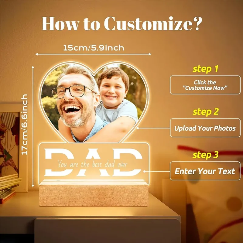 Personalized Anniversary Couples Mother's Day Gifts for Women Men 7 Colors Heart Picture Frame Acrylic Plaque with Night Light