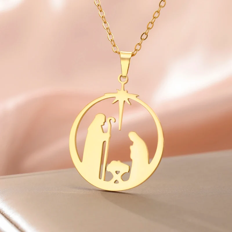 Christian Prayer Pendant Necklace Stainless Steel Unisex Retro Angel Star Prayer Talisman Mother's Day Jewelry Gift