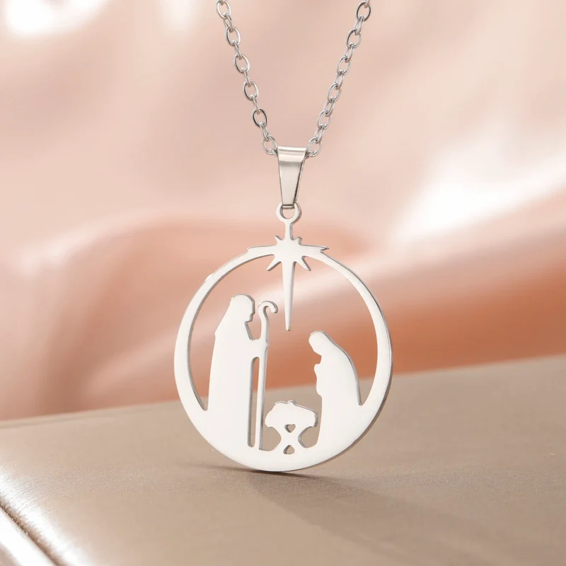 Christian Prayer Pendant Necklace Stainless Steel Unisex Retro Angel Star Prayer Talisman Mother's Day Jewelry Gift