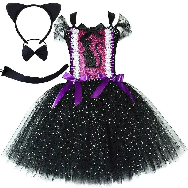 Sparkly Black Cat Tutu Dress for Baby Girls Animal Halloween Costumes with Ears Hairbow Kids Twinkle Kitty Ballet Tutus Outfit