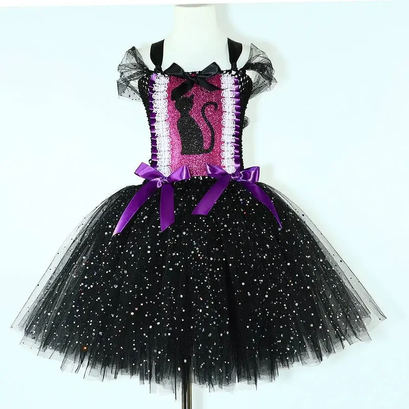 Sparkly Black Cat Tutu Dress for Baby Girls Animal Halloween Costumes with Ears Hairbow Kids Twinkle Kitty Ballet Tutus Outfit