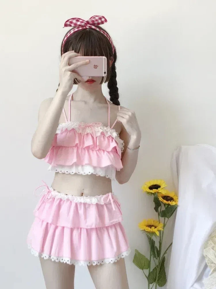 Cute Girls Lolita Ruffle Bikini Sukumizu Cosplay Pink And Black Color Swimsuit Hollowed Multilayer Hem Biquini Women Swimwear