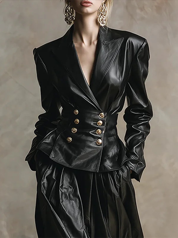 Model Urban Elegance Faux Leather Jackets for Women 2025 Winter V-neck Double-breasted Womme's Vintage Black Pu Leather Outwear