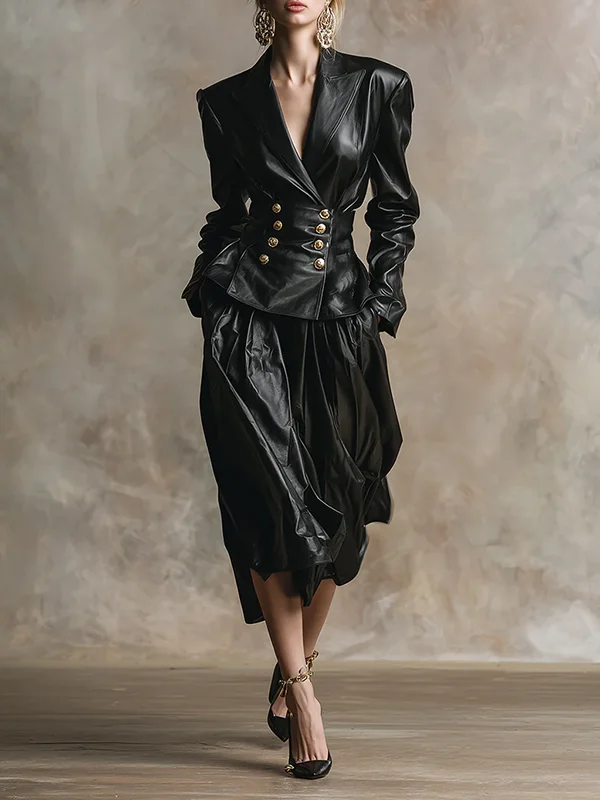 Model Urban Elegance Faux Leather Jackets for Women 2025 Winter V-neck Double-breasted Womme's Vintage Black Pu Leather Outwear
