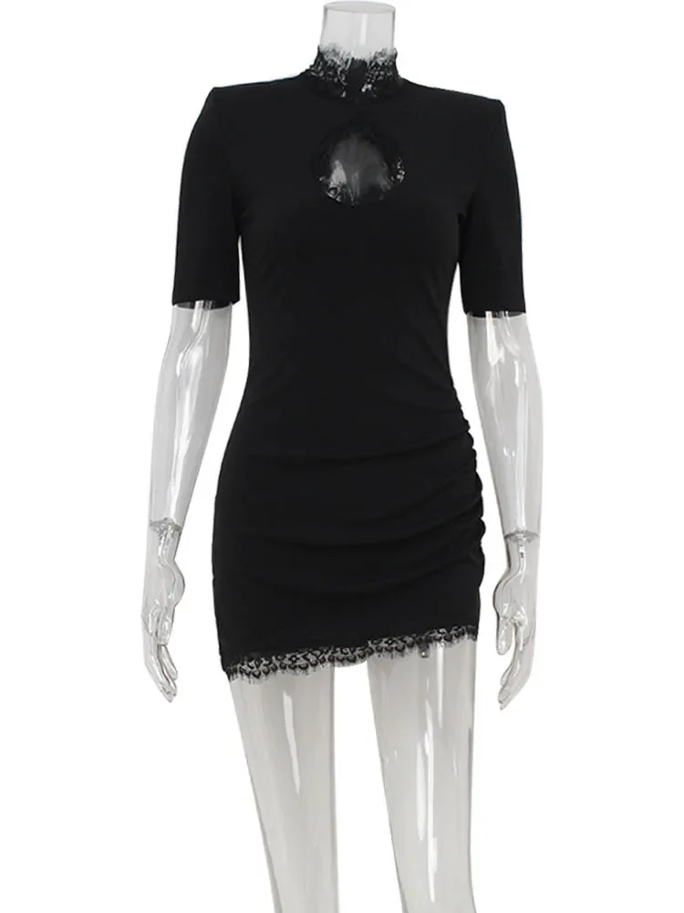 Ahagaga Sexy Sheath Women's Mini Dresses Solid Lace Turtleneck Slim Fit Bodycon Hollow Out Half Sleeves Streetwear Vestidos Robe