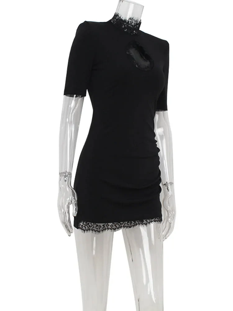 Ahagaga Sexy Sheath Women's Mini Dresses Solid Lace Turtleneck Slim Fit Bodycon Hollow Out Half Sleeves Streetwear Vestidos Robe