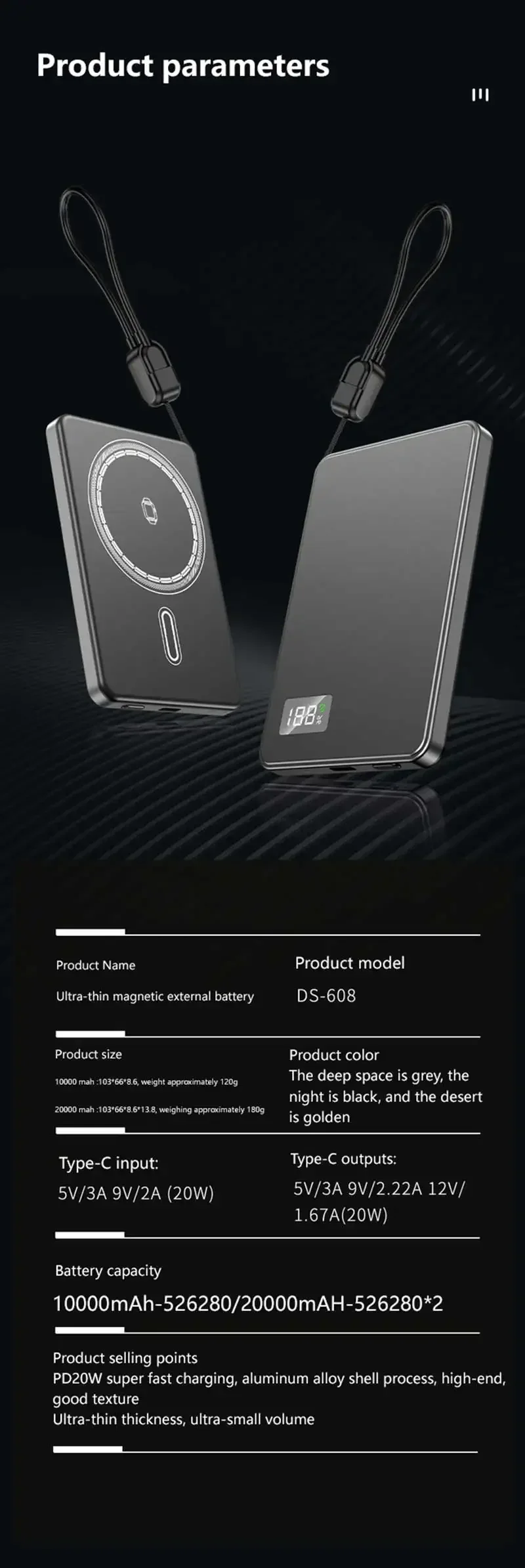 Lenovo Ultra-thin 500000mAh Mobile Power Bank For MagSafe Magnetic Wireless Fast Charge Portable LED Display For iPhone Xiaomi