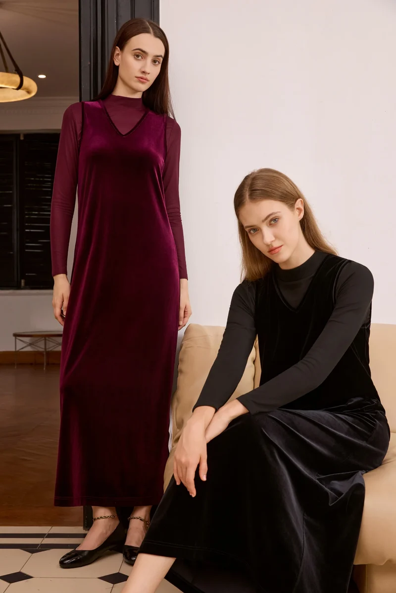 AP Women 2026 Autumn and Winter Modal Mesh Shirt and V Neck Velvet Maxi Dress High Quality