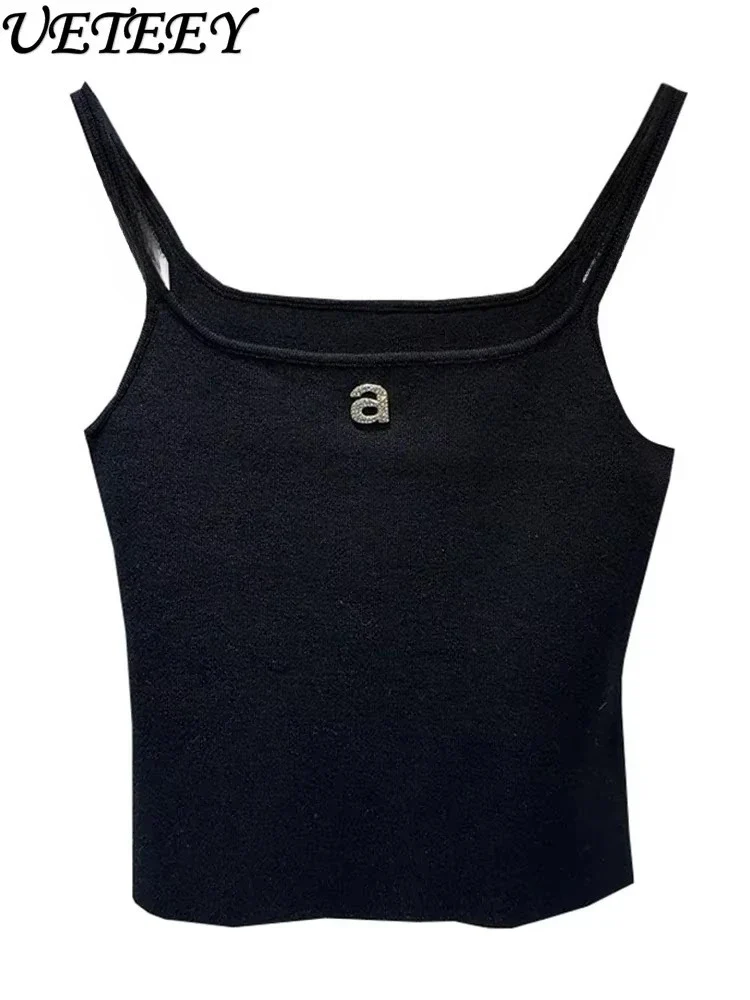 Design Sense Niche Black Beaded Letter-Printing Sleeveless Camisole Women's Summer Crop Tops Hot Girl Outer Wear Short Base Vest