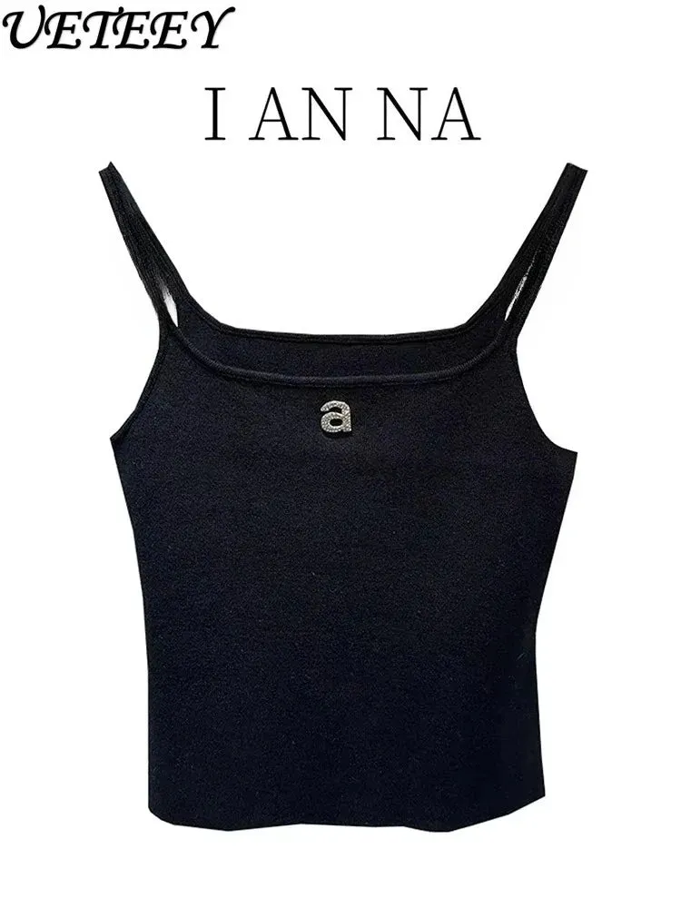 Design Sense Niche Black Beaded Letter-Printing Sleeveless Camisole Women's Summer Crop Tops Hot Girl Outer Wear Short Base Vest