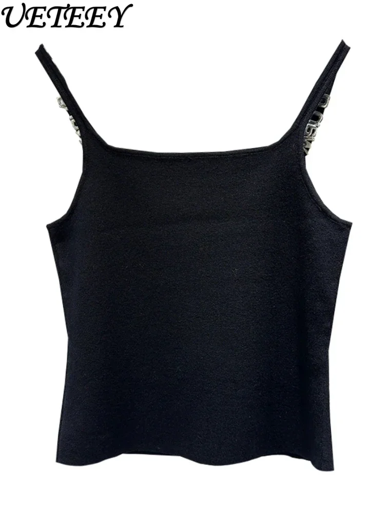 Design Sense Niche Black Beaded Letter-Printing Sleeveless Camisole Women's Summer Crop Tops Hot Girl Outer Wear Short Base Vest