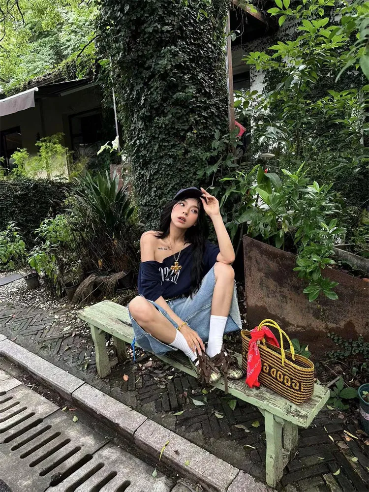 Yedinas Loose Off Shoulder Letter Graphic T Shirts Woman Clothing Short Sleeve American Retro Summer Tops Korean Style Y2k Tees
