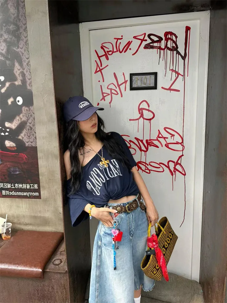 Yedinas Loose Off Shoulder Letter Graphic T Shirts Woman Clothing Short Sleeve American Retro Summer Tops Korean Style Y2k Tees