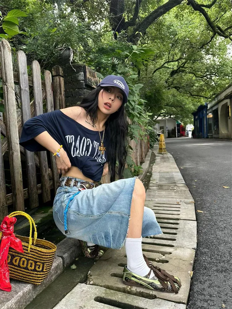 Yedinas Loose Off Shoulder Letter Graphic T Shirts Woman Clothing Short Sleeve American Retro Summer Tops Korean Style Y2k Tees