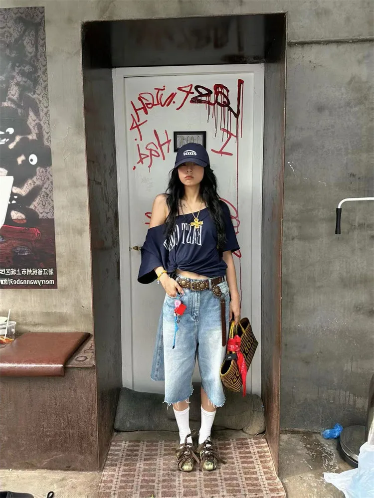 Yedinas Loose Off Shoulder Letter Graphic T Shirts Woman Clothing Short Sleeve American Retro Summer Tops Korean Style Y2k Tees
