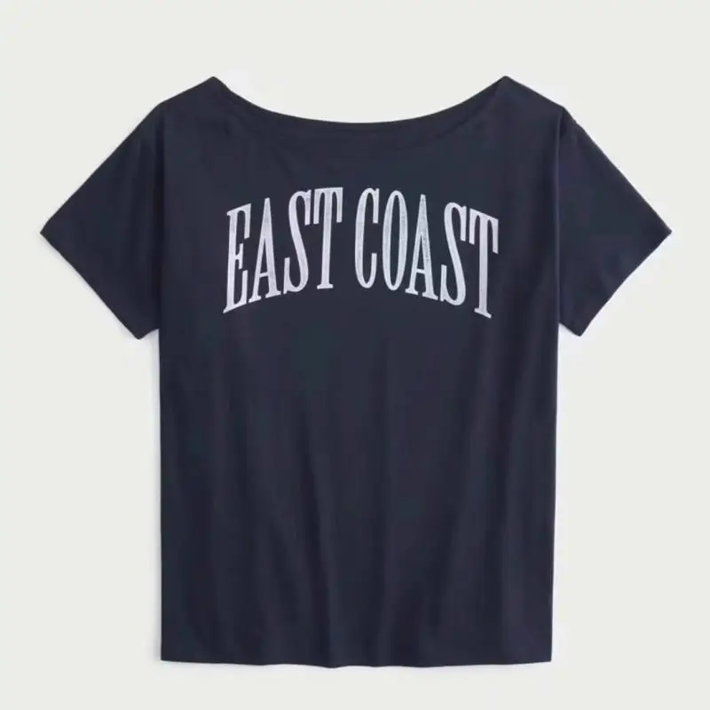 Yedinas Loose Off Shoulder Letter Graphic T Shirts Woman Clothing Short Sleeve American Retro Summer Tops Korean Style Y2k Tees