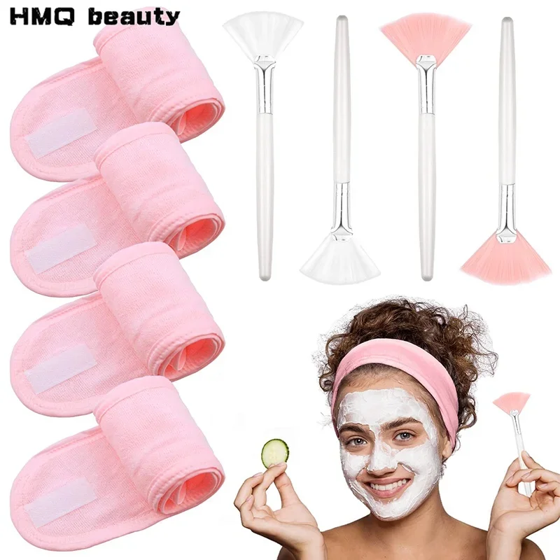 8pcs/set Facial Brushes Fan Makeup Brushes Soft Portable Mask Brushe Spa Headband Stretchable Hair Wrap Skincare Makeup Tools