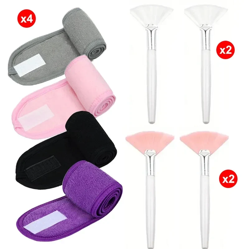 8pcs/set Facial Brushes Fan Makeup Brushes Soft Portable Mask Brushe Spa Headband Stretchable Hair Wrap Skincare Makeup Tools