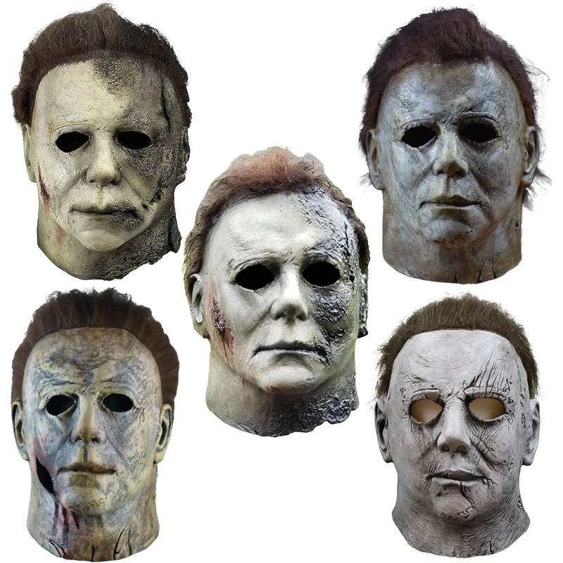 Halloween Michael Myers Mask Scary Killer Full Head Mask Creepy Fire Burn Scar Latex Face Mask Cosplay Costume Party Props Knife